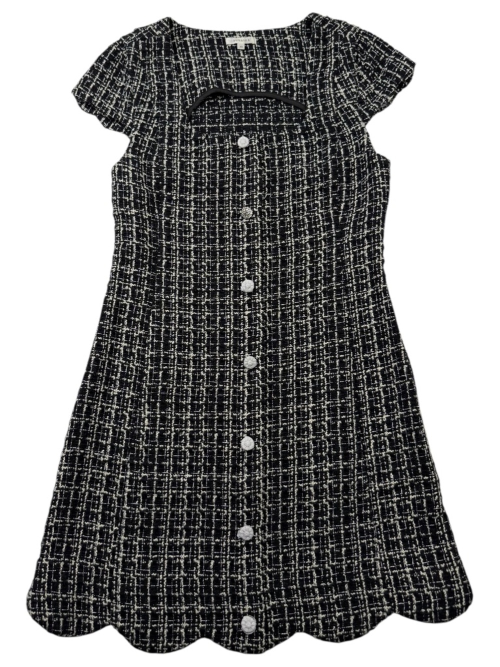 Noralee Gabrielle Tweed Dress XS Black White Scallop Rhinestone Buttons